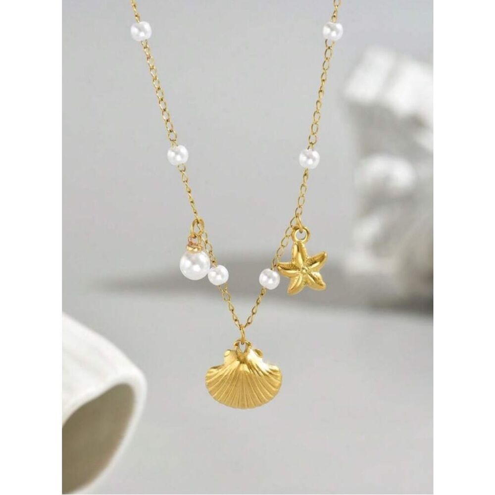 Gold Pearl Shell & Star Charm Necklace - Elegant Women Jewelry R 472 - Picture 3 of 4